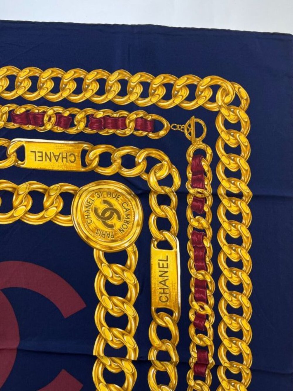 Chanel CC Logo Scarf Silk Gold Navy Vintage - Picture 5 of 11